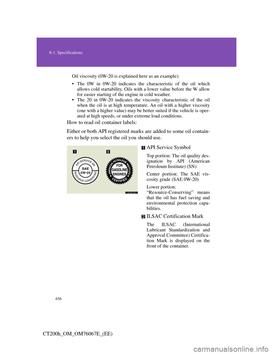 Lexus CT200h 2012  Owners Manual (in English) 656
6-1. Specifications
CT200h_OM_OM76067E_(EE)
Oil viscosity (0W-20 is explained here as an example):
• The 0W in 0W-20 indicates the characteristic of the oil which
allows cold startability. Oils 