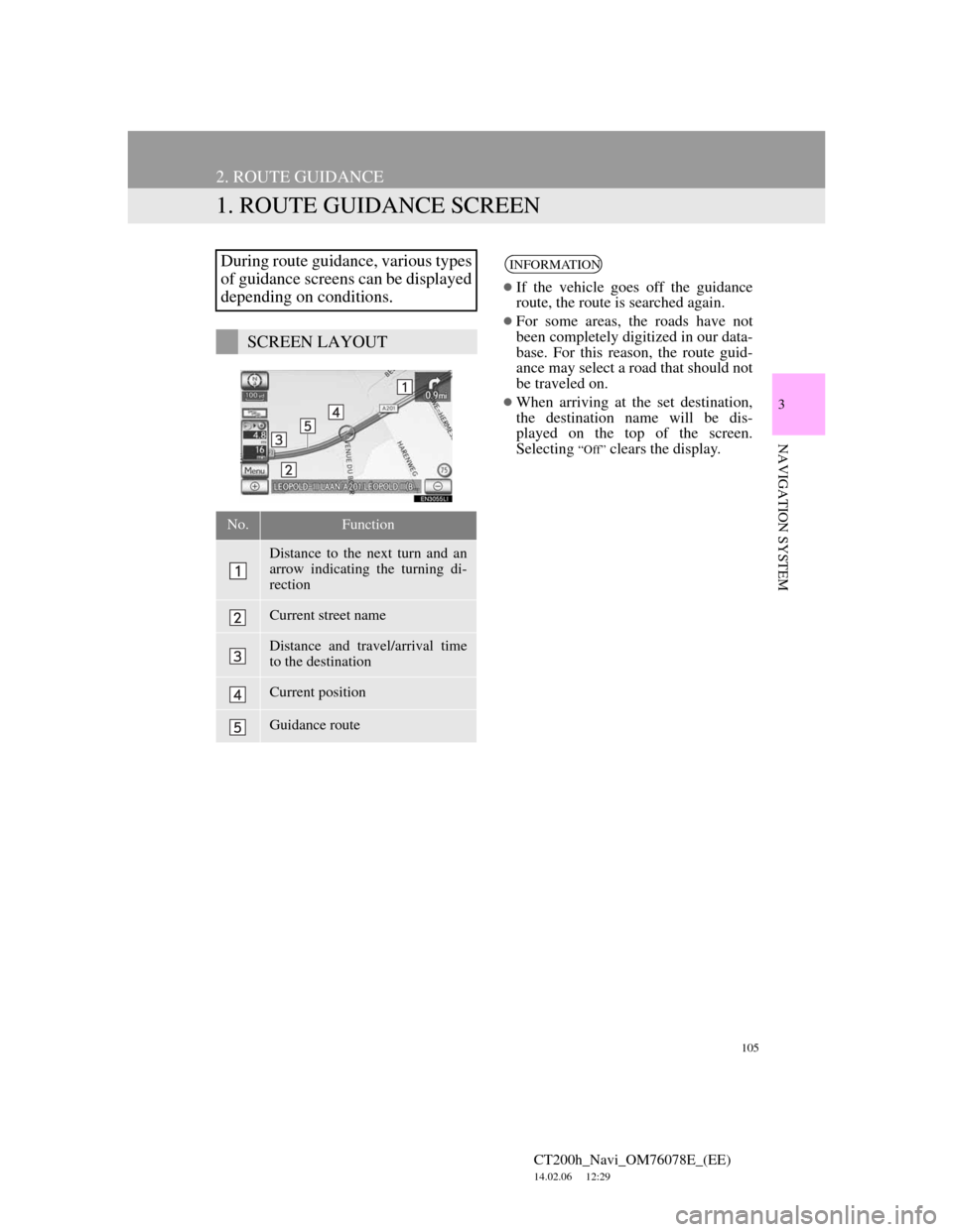 Lexus CT200h 2012 Navigation Manual (in English) 105
CT200h_Navi_OM76078E_(EE)
14.02.06 12:29
3
NAVIGATION SYSTEM
2. ROUTE GUIDANCE
1. ROUTE GUIDANCE SCREEN
During route guidance, various types
of guidance screens can be displayed
depending on c Lexus CT200h 2012 Navigation Manual (in English) 105
CT200h_Navi_OM76078E_(EE)
14.02.06 12:29
3
NAVIGATION SYSTEM
2. ROUTE GUIDANCE
1. ROUTE GUIDANCE SCREEN
During route guidance, various types
of guidance screens can be displayed
depending on c