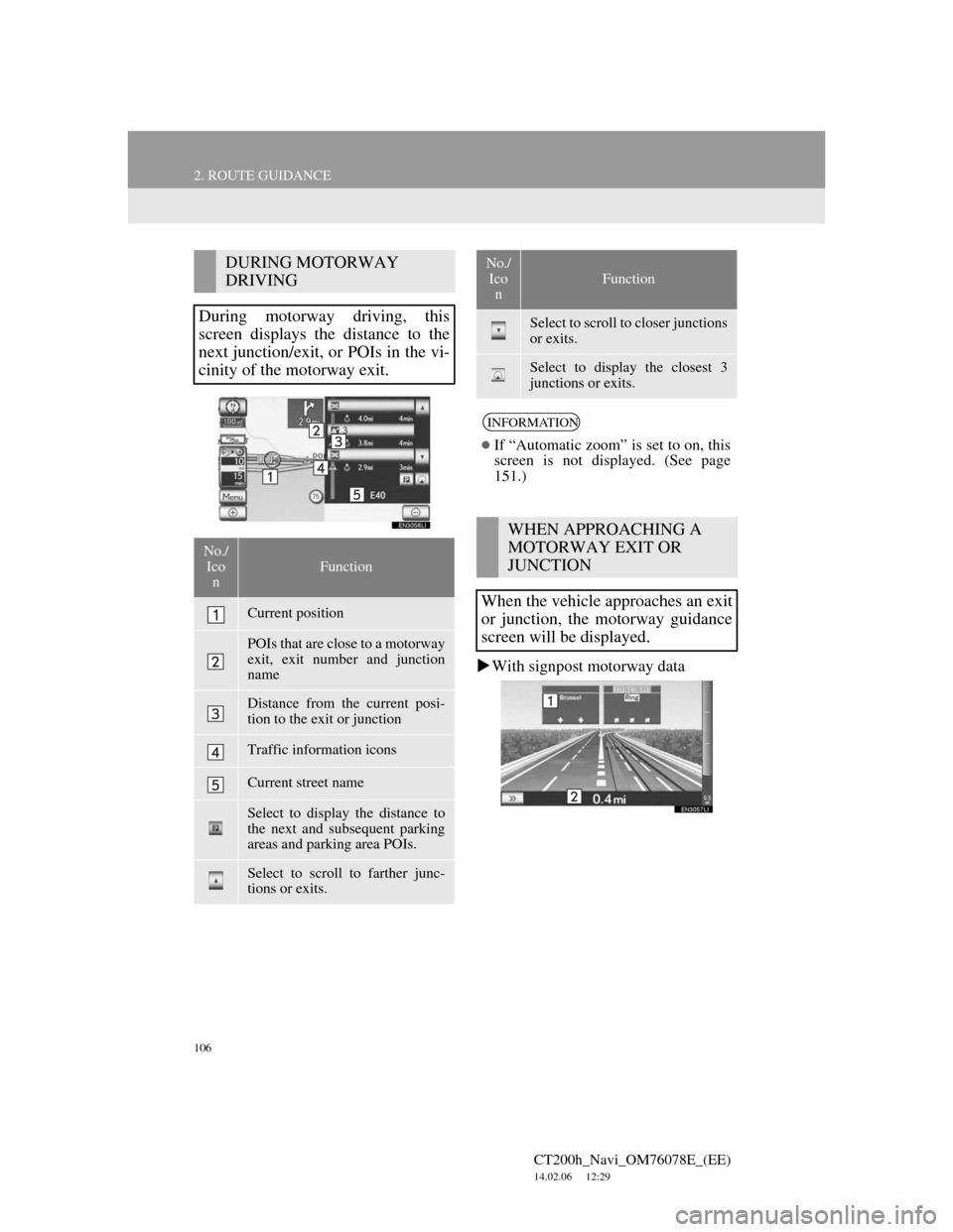 Lexus CT200h 2012 Navigation Manual (in English) 106
2. ROUTE GUIDANCE
CT200h_Navi_OM76078E_(EE)
14.02.06 12:29
With signpost motorway data
DURING MOTORWAY
DRIVING
During motorway driving, this
screen displays the distance to the
next juncti Lexus CT200h 2012 Navigation Manual (in English) 106
2. ROUTE GUIDANCE
CT200h_Navi_OM76078E_(EE)
14.02.06 12:29
With signpost motorway data
DURING MOTORWAY
DRIVING
During motorway driving, this
screen displays the distance to the
next juncti