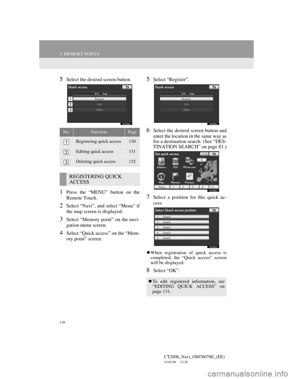 Lexus CT200h 2012 Navigation Manual (in English) 130
3. MEMORY POINTS
CT200h_Navi_OM76078E_(EE)
14.02.06 12:29
5Select the desired screen button.
1Press the “MENU” button on the
Remote Touch.
2Select “Navi”, and select “Menu” if
the Lexus CT200h 2012 Navigation Manual (in English) 130
3. MEMORY POINTS
CT200h_Navi_OM76078E_(EE)
14.02.06 12:29
5Select the desired screen button.
1Press the “MENU” button on the
Remote Touch.
2Select “Navi”, and select “Menu” if
the