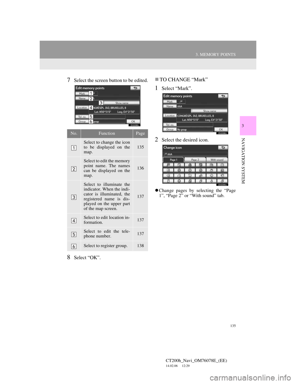Lexus CT200h 2012  Navigation Manual (in English) 135
3. MEMORY POINTS
CT200h_Navi_OM76078E_(EE)
14.02.06     12:29
3
NAVIGATION SYSTEM
7Select the screen button to be edited.
8Select “OK”.
TO CHANGE “Mark”
1Select “Mark”.
2Select the 