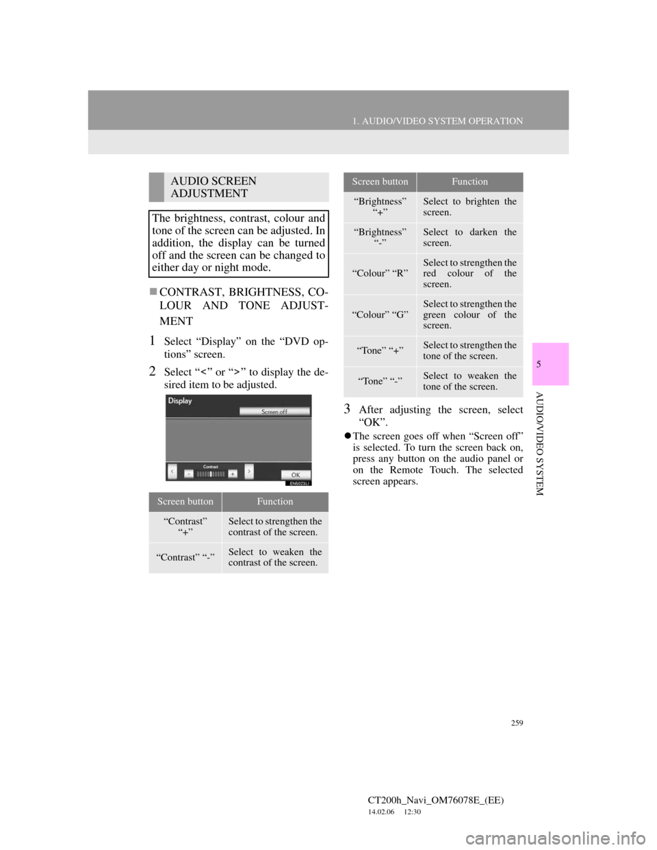 Lexus CT200h 2012 Navigation Manual (in English) 259
1. AUDIO/VIDEO SYSTEM OPERATION
5
AUDIO/VIDEO SYSTEM
CT200h_Navi_OM76078E_(EE)
14.02.06 12:30
CONTRAST, BRIGHTNESS, CO-
LOUR AND TONE ADJUST-
MENT
1Select “Display” on the “DVD op-
ti Lexus CT200h 2012 Navigation Manual (in English) 259
1. AUDIO/VIDEO SYSTEM OPERATION
5
AUDIO/VIDEO SYSTEM
CT200h_Navi_OM76078E_(EE)
14.02.06 12:30
CONTRAST, BRIGHTNESS, CO-
LOUR AND TONE ADJUST-
MENT
1Select “Display” on the “DVD op-
ti