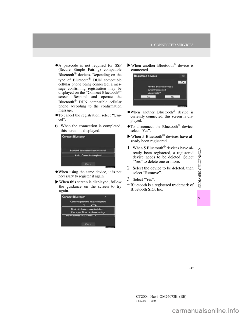 Lexus CT200h 2012 Navigation Manual (in English) 349
1. CONNECTED SERVICES
CT200h_Navi_OM76078E_(EE)
14.02.06 12:30
9
CONNECTED SERVICES
A passcode is not required for SSP
(Secure Simple Pairing) compatible
Bluetooth
® devices. Depending on Lexus CT200h 2012 Navigation Manual (in English) 349
1. CONNECTED SERVICES
CT200h_Navi_OM76078E_(EE)
14.02.06 12:30
9
CONNECTED SERVICES
A passcode is not required for SSP
(Secure Simple Pairing) compatible
Bluetooth
® devices. Depending on