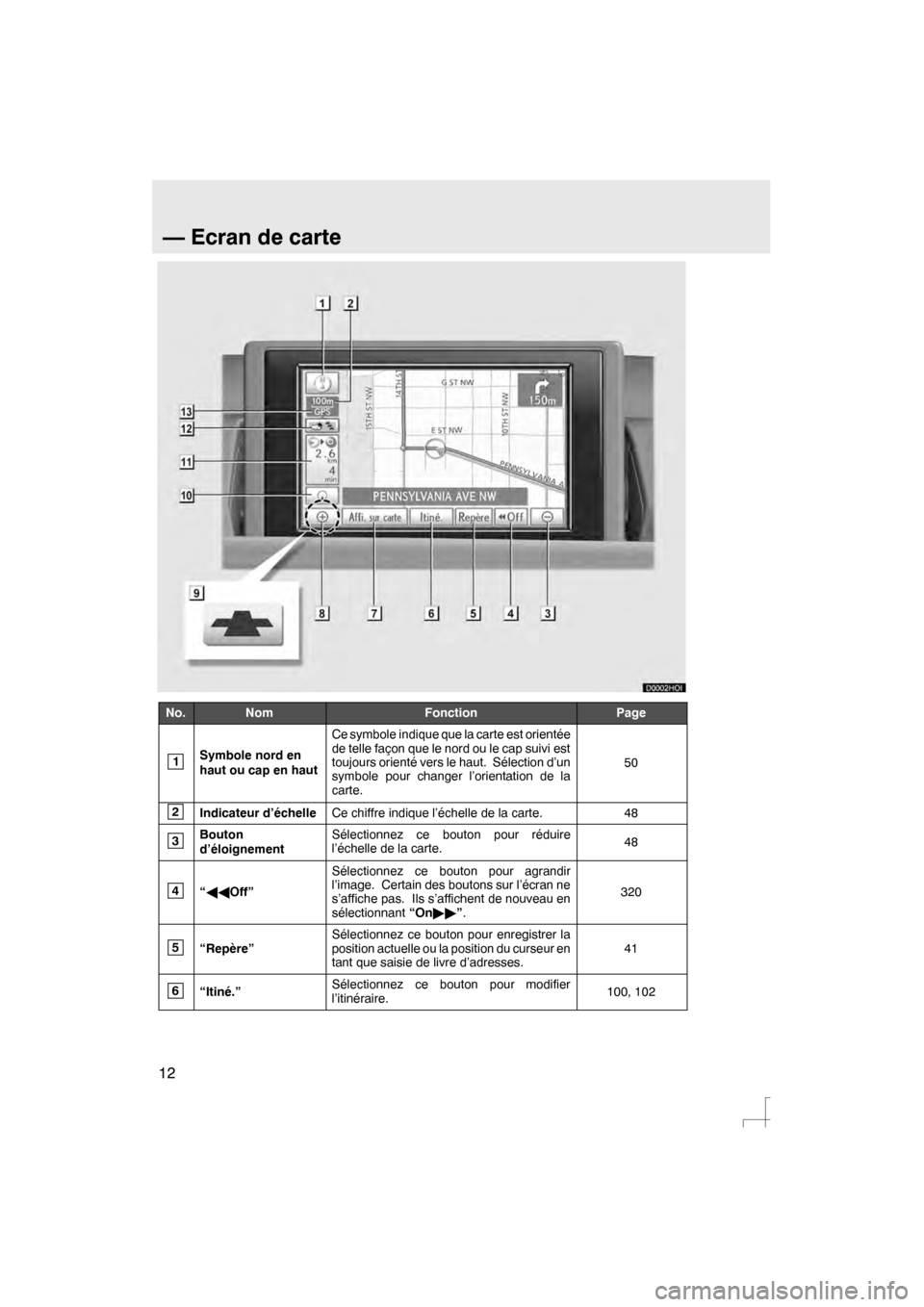 Lexus CT200h 2012  Système de navigation manuel du propriétaire (in French) 12
No.NomFonctionPage
1Symbole nord en
haut ou cap en haut
Ce symbole indique que la carte est orientée
de telle façon que le nord ou le cap suivi est
toujours orienté vers le haut. Sélection d’