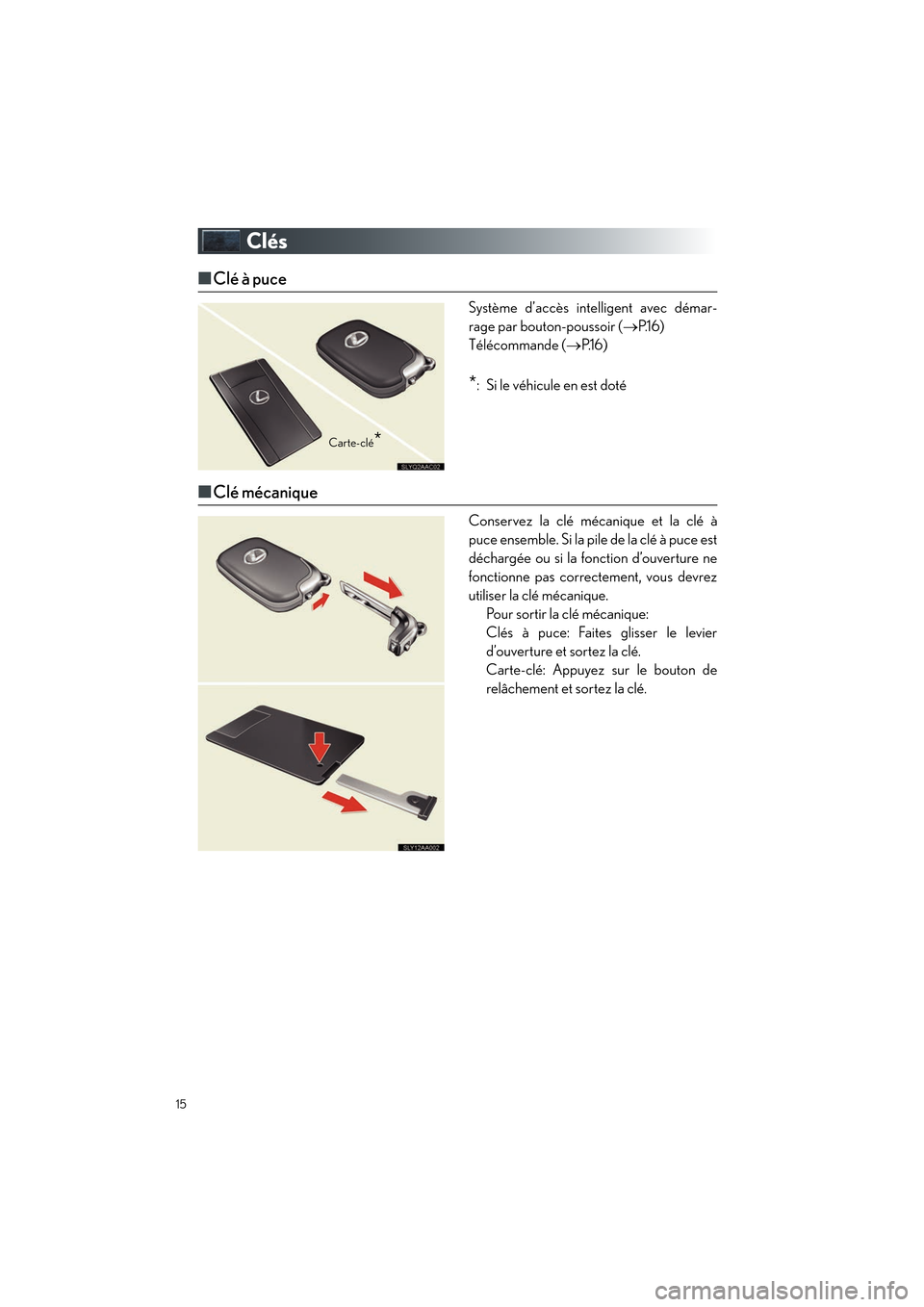 Lexus CT200h 2012  Guide rapide du manuel du propriétaire (in French) 15
CT200h_QG_D (OM76052D)
Clés
■Clé à puce
Système d’accès intelligent avec démar-
rage par bouton-poussoir ( →P.1 6 )
Télécommande ( →P.1 6 )
*: Si le véhicule en est doté
■Clé m