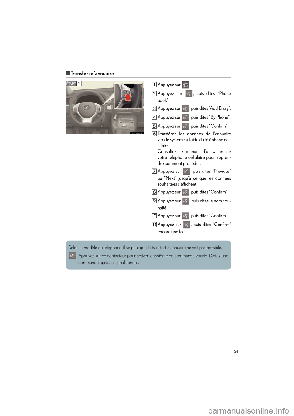 Lexus CT200h 2012  Guide rapide du manuel du propriétaire (in French) 64
CT200h_QG_D (OM76052D)
■Transfert d’annuaire
Appuyez sur  .
Appuyez sur  , puis dites “Phone
book”.
Appuyez sur  , puis dites “Add Entry”.
Appuyez sur  , puis dites “By Phone”.
Appu
