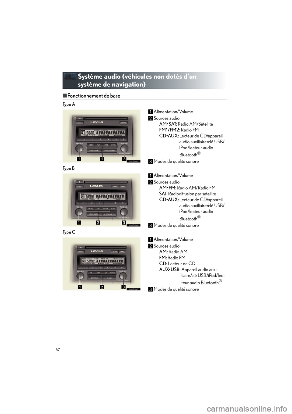 Lexus CT200h 2012  Guide rapide du manuel du propriétaire (in French) 67
CT200h_QG_D (OM76052D)
Système audio (véhicules non dotés d’un 
système de navigation)
■Fonctionnement de base
Ty p e  A Alimentation/Volume
Sources audio
AM•SAT:  Radio AM/Satellite
FM1 