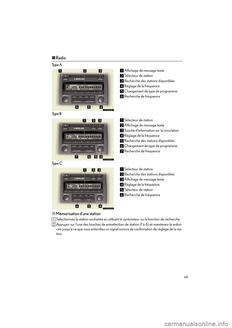 Lexus CT200h 2012  Guide rapide du manuel du propriétaire (in French) 68
CT200h_QG_D (OM76052D)
■Radio
Ty p e  A Affichage de message texte
Sélecteur de station
Recherche des stations disponibles
Réglage de la fréquence
Changement de type de programme
Recherche de 