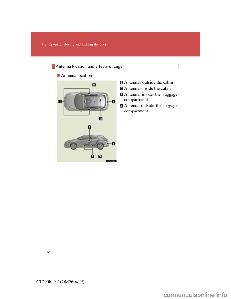 Lexus CT200h 2011 (in English) Repair Manual 62
1-3. Opening, closing and locking the doors
CT200h_EE (OM76041E)
Antenna location and effective range
Antenna location
Antennas outside the cabin
Antennas inside the cabin
Antenna inside the lug Lexus CT200h 2011 (in English) Repair Manual 62
1-3. Opening, closing and locking the doors
CT200h_EE (OM76041E)
Antenna location and effective range
Antenna location
Antennas outside the cabin
Antennas inside the cabin
Antenna inside the lug