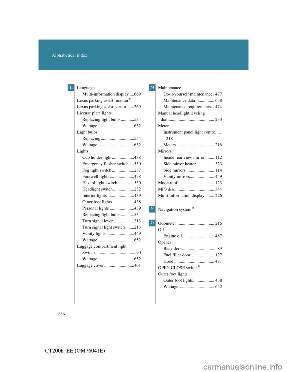 Lexus CT200h 2011   (in English) Owners Manual 686
Alphabetical index
CT200h_EE (OM76041E)
Language 
Multi-information display ....669
Lexus parking assist monitor
*
Lexus parking assist-sensor.......269
License plate lights
Replacing light bulbs 