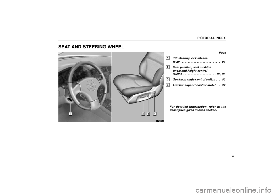 Lexus ES300 2003  Owners Manuals (in English) PICTORIAL INDEX
xi
SEAT AND STEERING WHEEL
Page
1 Tilt steering lock release
lever 99
. . . . . . . . . . . . . . . . . . . . . . . . . . 
2  Seat position, seat cushion 
angle and height control 
swi