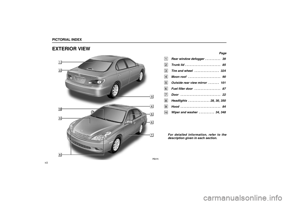 Lexus ES300 2003  Owners Manuals (in English) PICTORIAL INDEX
xii
EXTERIOR VIEW
Page
1 Rear window defogger 39
. . . . . . . . . . 
2  Trunk lid 85
. . . . . . . . . . . . . . . . . . . . . . . 
3  Tire and wheel 324
. . . . . . . . . . . . . . .