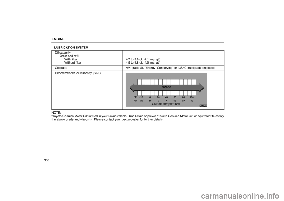 Lexus ES300 2003  Owners Manuals (in English) 62Z002
Outside temperature
ENGINE
306� LUBRICATION SYSTEM
Oil capacity Drain and refillWith filter
Without filter
4.7 L (5.0 qt., 4.1 lmp. qt.)
4.5 L (4.8 qt., 4.0 lmp. qt.)
Oil gradeAPI grade SL “E