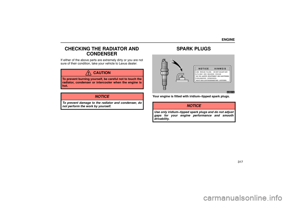 Lexus ES300 2003  Owners Manuals (in English) ENGINE
317
CHECKING THE RADIATOR ANDCONDENSER
If either of the above parts are extremely dirty or you are not
sure of their condition, take your vehicle to Lexus dealer.
CAUTION
To prevent burning you
