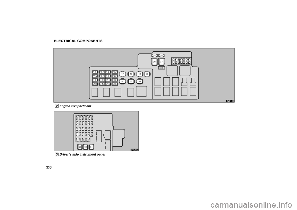 Lexus ES300 2003  Owners Manuals (in English) ELECTRICAL COMPONENTS
336
64E101
 2Engine compartment
64E102
 3Driver’s side instrument panel 