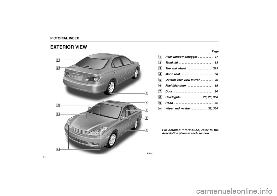 Lexus ES300 2002  Owners Manuals (in English) PICTORIAL INDEX
xii
EXTERIOR VIEW
Page
1 Rear window defogger 37
. . . . . . . . . . 
2  Trunk lid 83
. . . . . . . . . . . . . . . . . . . . . . . 
3  Tire and wheel 315
. . . . . . . . . . . . . . .