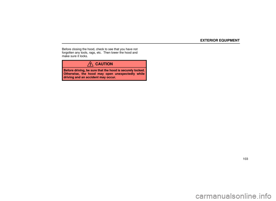 Lexus ES300 2001  Owners Manuals (in English) EXTERIOR EQUIPMENT
103
Before 
closing the hood, check to see that you have not
forgotten any tools, rags, etc.  Then lower the hood and
make sure it locks.
CAUTION
Before  driving, be sure that the h