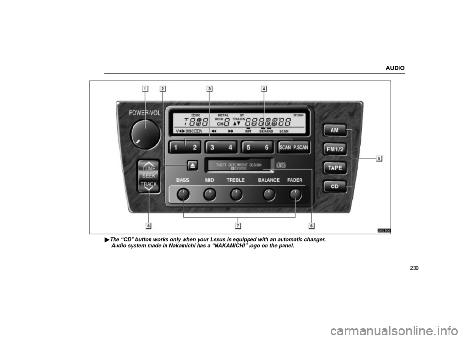 Lexus ES300 2001  Owners Manuals (in English) AUDIO
239
20E100
The ªCDº button works only when your Lexus is equipped with an aut\
omatic changer.Audio system made in Nakamichi has a ªNAKAMICHIº logo on the panel\
. 