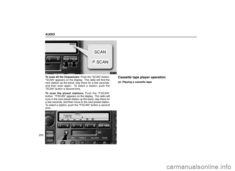Lexus ES300 2001  Owners Manuals (in English) AUDIO
250
20E125
To scan all the frequencies: Push the ªSCANº button.
ªSCANº appears on the display.  The radio will find the
next station up the band, stay there for a few seconds,
and then scan 