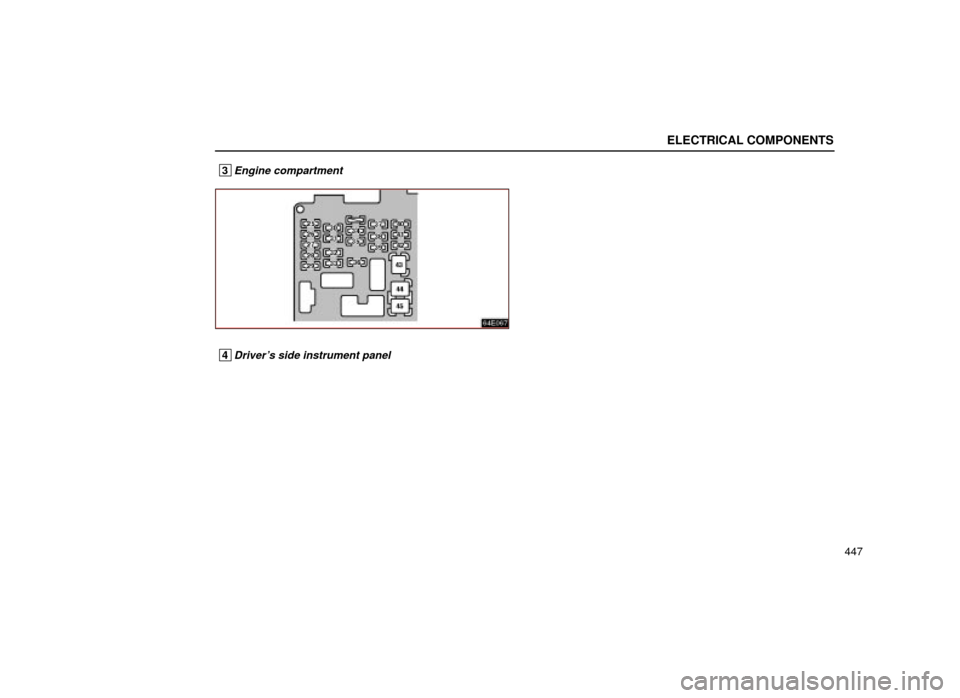 Lexus ES300 2001  Owners Manuals (in English) 64E067
ELECTRICAL COMPONENTS
447
 3Engine compartment
 4Drivers side instrument panel 