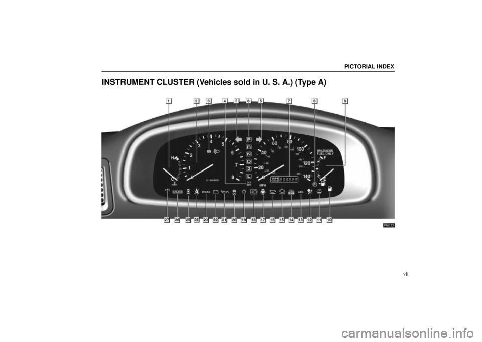 Lexus ES300 2001  Owners Manuals (in English) PICTORIAL INDEX
vii
INSTRUMENT CLUSTER (Vehicles sold in U. S. A.) (Type A)
PE022 