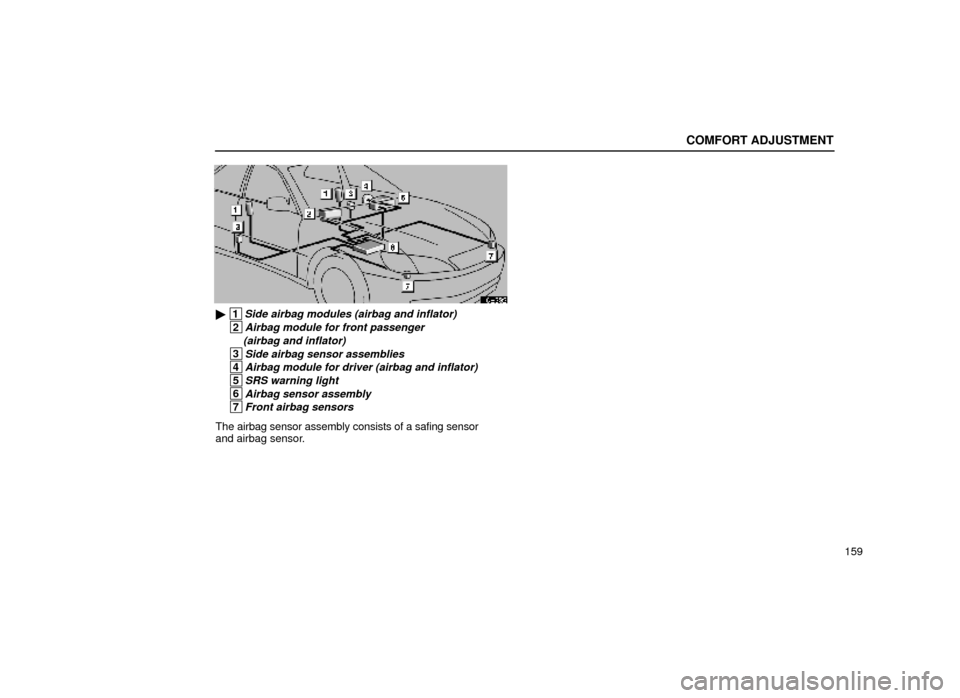 Lexus ES300 2000  Owners Manuals (in English) COMFORT ADJUSTMENT
159
16E232
 1Side airbag modules (airbag and inflator)
 2Airbag module for front passenger (airbag and inflator)
 3Side airbag sensor assemblies
 4Airbag module for driver (airbag 