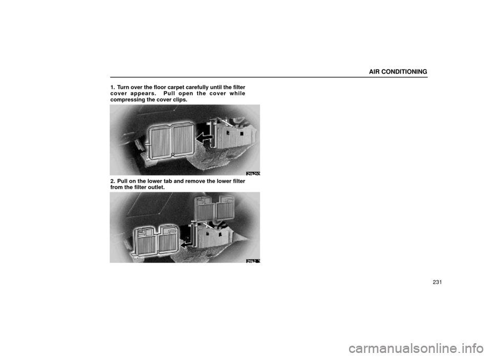 Lexus ES300 2000  Owners Manuals (in English) AIR CONDITIONING
231
1. Turn over the floor carpet carefully until the filter
cover appears.  Pull open the cover while
compressing the cover clips.
20E209
2. Pull on the lower tab and remove the lowe