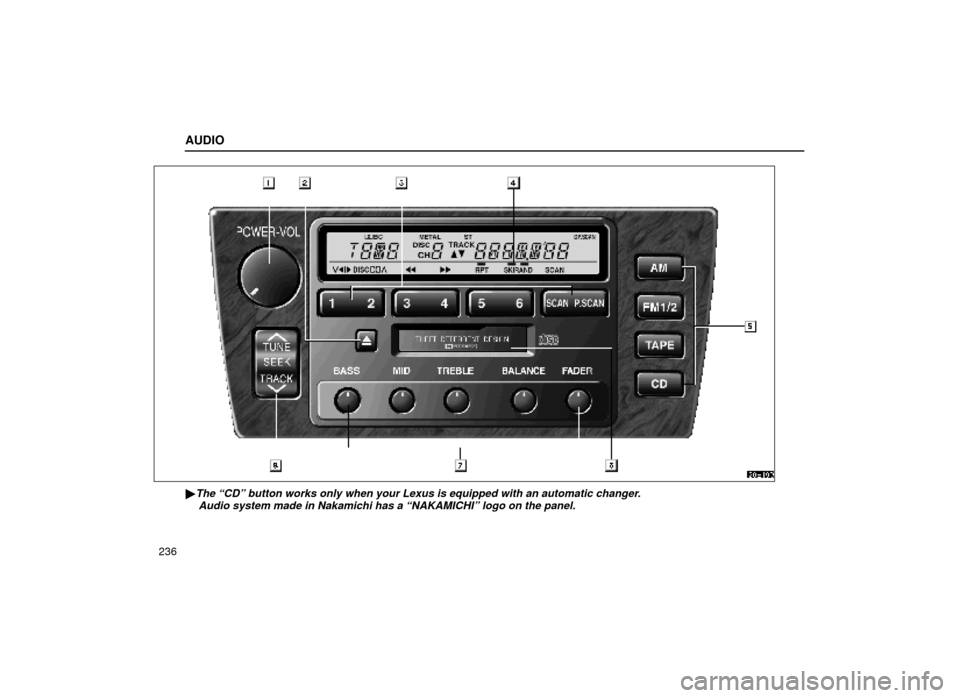 Lexus ES300 2000  Owners Manuals (in English) AUDIO
236
20E100
The ªCDº button works only when your Lexus is equipped with an aut\
omatic changer.Audio system made in Nakamichi has a ªNAKAMICHIº logo on the panel\
. 