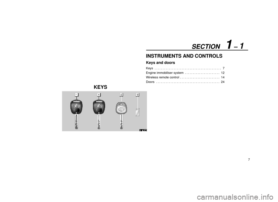 Lexus ES300 2000  s (in English) Owners Guide SECTION   1 ± 1
7
INSTRUMENTS AND CONTROLS
Keys and doors
Keys7
. . . . . . . . . . . . . . . . . . . . . . . . . . . . . . . . . . . . .\
 . . . . . 
Engine immobiliser system 12
. . . . . . . . . .