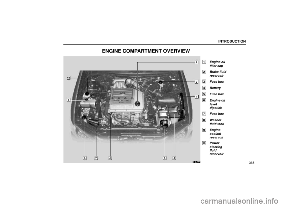 Lexus ES300 2000  Owners Manuals (in English) 61E020
INTRODUCTION
385
ENGINE COMPARTMENT OVERVIEW
1 Engine oilfiller cap
2 Brake fluidreservoir
3 Fuse box
4 Battery
5 Fuse box
6 Engine oilleveldipstick
7 Fuse box
8 Washer
fluid tank
9 Enginecoola