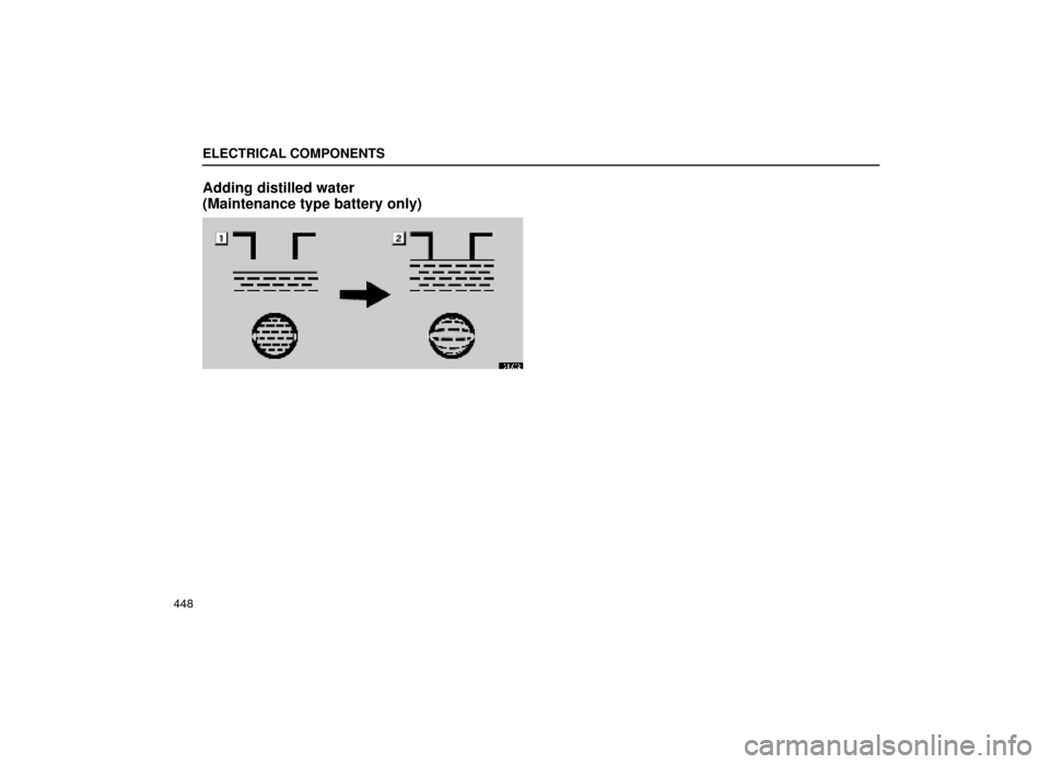 Lexus ES300 2000  Owners Manuals (in English) ELECTRICAL COMPONENTS
448
Adding distilled water 
(Maintenance type battery only)
64L062 