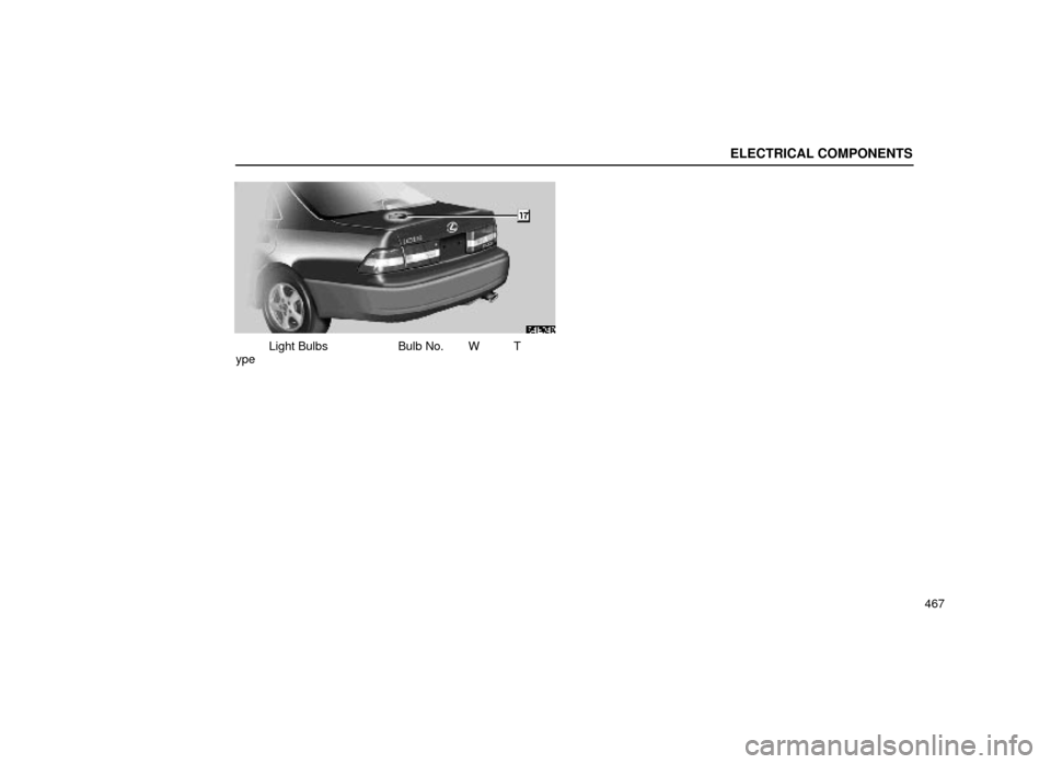 Lexus ES300 2000  Owners Manuals (in English) ELECTRICAL COMPONENTS
467
64E049
Light BulbsBulb No. W T
ype 