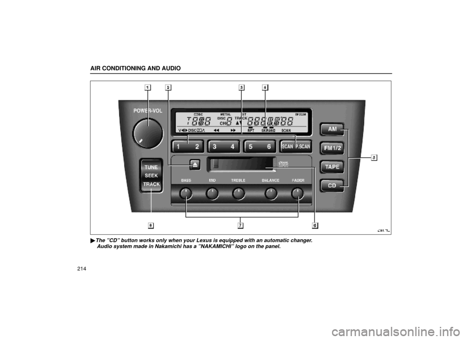 Lexus ES300 1999  Owners Manuals (in English) AIR CONDITIONING AND AUDIO
214
20E011a
The ºCDº button works only when your Lexus is equipped with an aut\
omatic changer.Audio system made in Nakamichi has a ºNAKAMICHIº logo on the panel\
. 