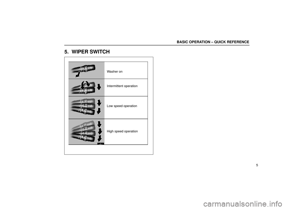 Lexus ES300 1999  s (in English) Owners Guide BE007
Washer on
Intermittent operation
Low speed operation
High speed operation
BASIC OPERATION ± QUICK REFERENCE
5
5. WIPER SWITCH 