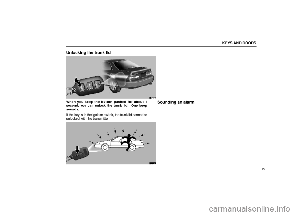 Lexus ES300 1999  s (in English) Owners Guide KEYS AND DOORS
19
Unlocking the trunk lid
11E002±2
When you keep the button pushed for about 1
second, you can unlock the trunk lid.  One beep
sounds.
If the key is in the ignition switch, the trunk 
