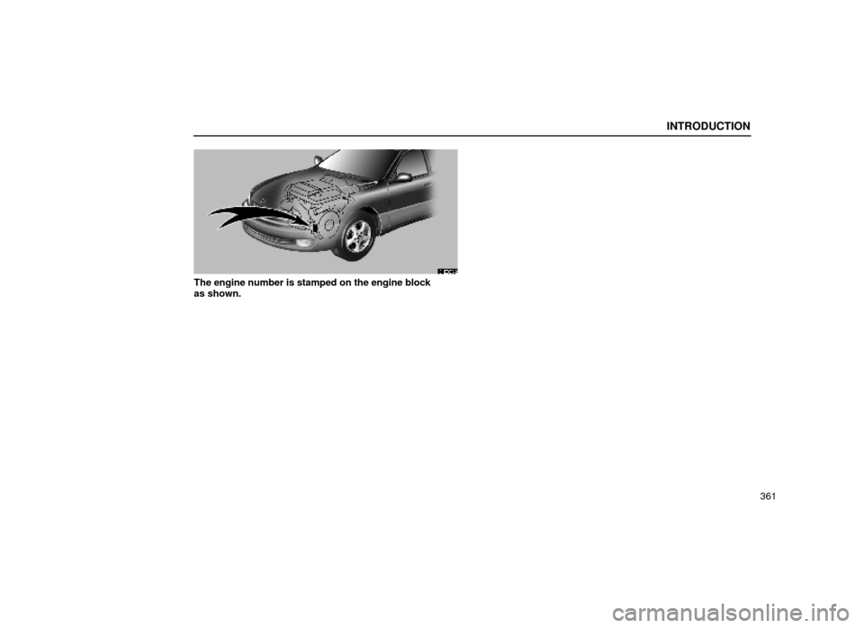 Lexus ES300 1999  Owners Manuals (in English) INTRODUCTION
361
61E003±2
The engine number is stamped on the engine block
as shown. 