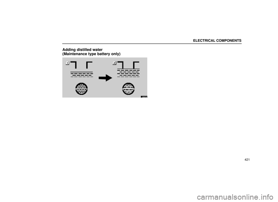 Lexus ES300 1999  Owners Manuals (in English) ELECTRICAL COMPONENTS
421
Adding distilled water 
(Maintenance type battery only)
64L062 
