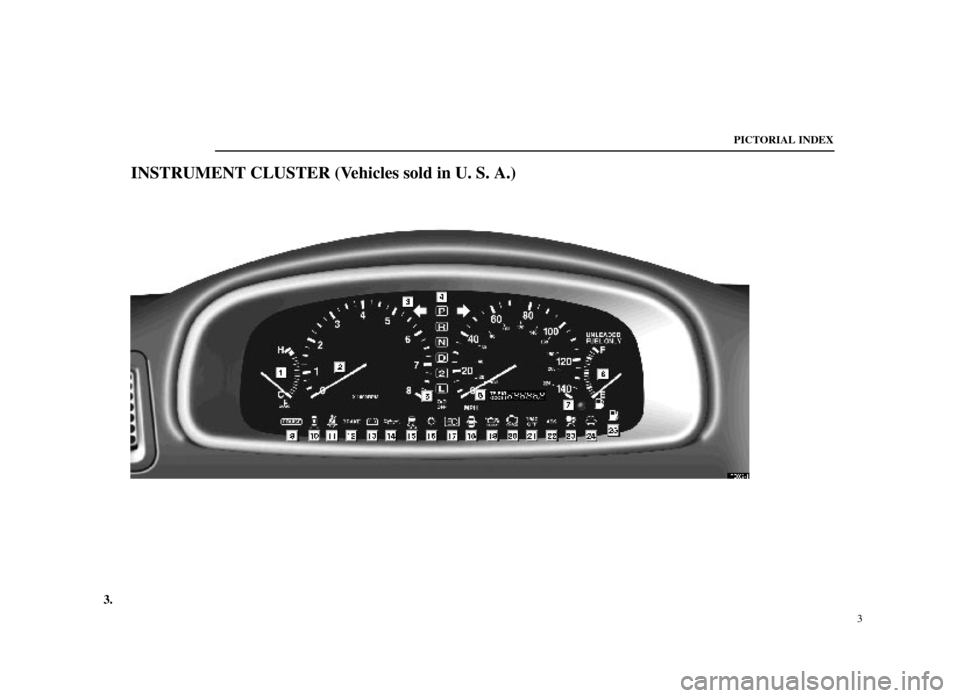 Lexus ES300 1998  Owners Manuals (in English) 3.
PICTORIAL INDEX3
INSTRUMENT CLUSTER (Vehicles sold in U. S. A.)
PE002±1 