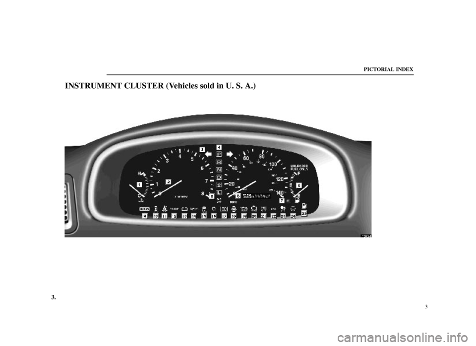 Lexus ES300 1998 Owners Manuals (in English) 3.
PICTORIAL INDEX3
INSTRUMENT CLUSTER (Vehicles sold in U. S. A.)
PE002±1 Lexus ES300 1998 Owners Manuals (in English) 3.
PICTORIAL INDEX3
INSTRUMENT CLUSTER (Vehicles sold in U. S. A.)
PE002±1