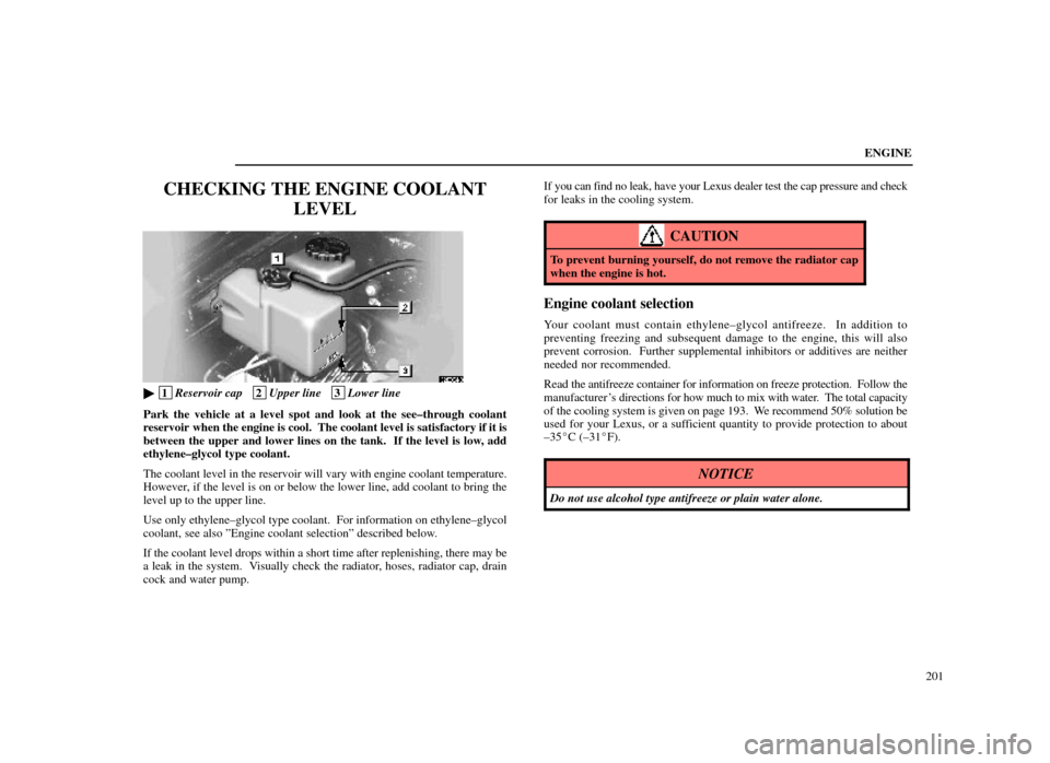 Lexus ES300 1998  Owners Manuals (in English) ENGINE201
CHECKING THE ENGINE COOLANT LEVEL
62E004±3
 1Reservoir cap   2Upper line   3Lower line
Park the vehicle at a level spot and look at the see±through coolant
reservoir when the engine is co