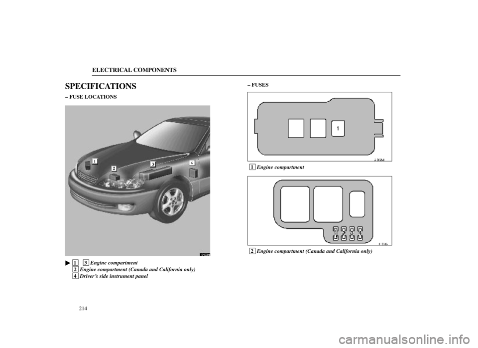 Lexus ES300 1998  Owners Manuals (in English) ELECTRICAL COMPONENTS
214
SPECIFICATIONS
± FUSE LOCATIONS 
64E001
 1  3Engine compartment
 2Engine compartment (Canada and California only)
 4Drivers side instrument panel ± FUSES
64E025±1
 1
Eng