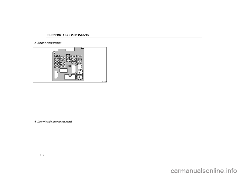 Lexus ES300 1998  Owners Manuals (in English) ELECTRICAL COMPONENTS
216
 3Engine compartment
64E038±3
 4Drivers side instrument panel 