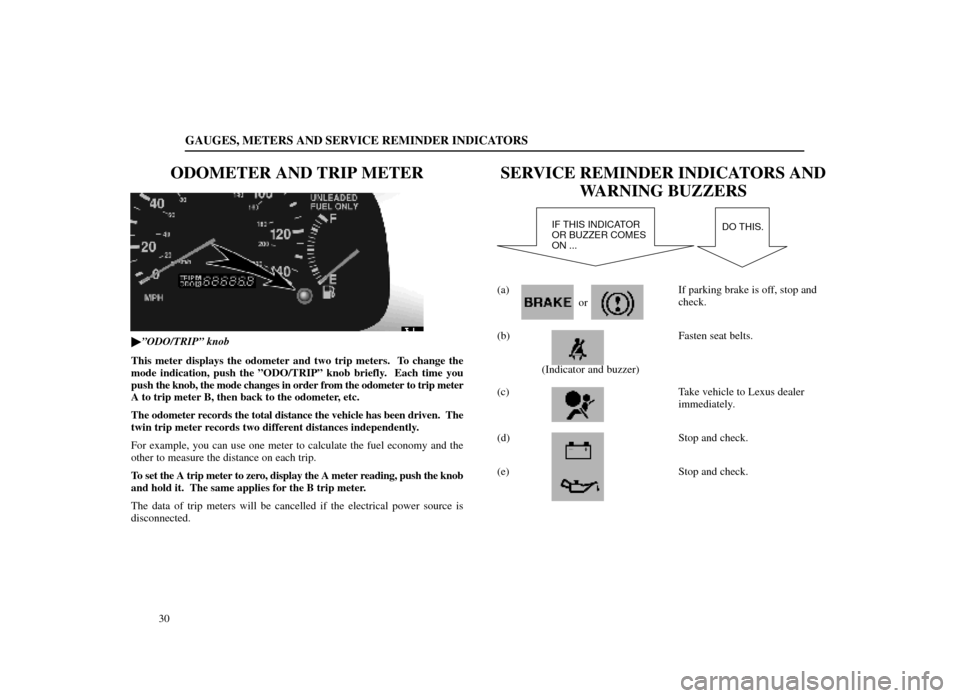 Lexus ES300 1998  Owners Manuals (in English) GAUGES, METERS AND SERVICE REMINDER INDICATORS
30
ODOMETER AND TRIP METER
13E004
ºODO/TRIPº knob
This meter displays the odometer and two trip meters.  To change the
mode indication, push the ºODO
