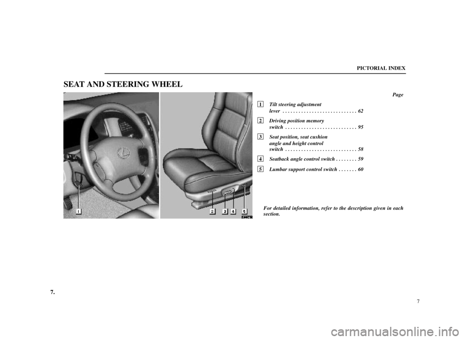 Lexus ES300 1998 Owners Manuals (in English) 7.
PE004±3
PICTORIAL INDEX7
SEAT AND STEERING WHEEL
Page
1 Tilt steering adjustment
lever 62
. . . . . . . . . . . . . . . . . . . . . . . . . . . .
2 Driving position memory
switch 95
. . . . . Lexus ES300 1998 Owners Manuals (in English) 7.
PE004±3
PICTORIAL INDEX7
SEAT AND STEERING WHEEL
Page
1 Tilt steering adjustment
lever 62
. . . . . . . . . . . . . . . . . . . . . . . . . . . .
2 Driving position memory
switch 95
. . . . .
