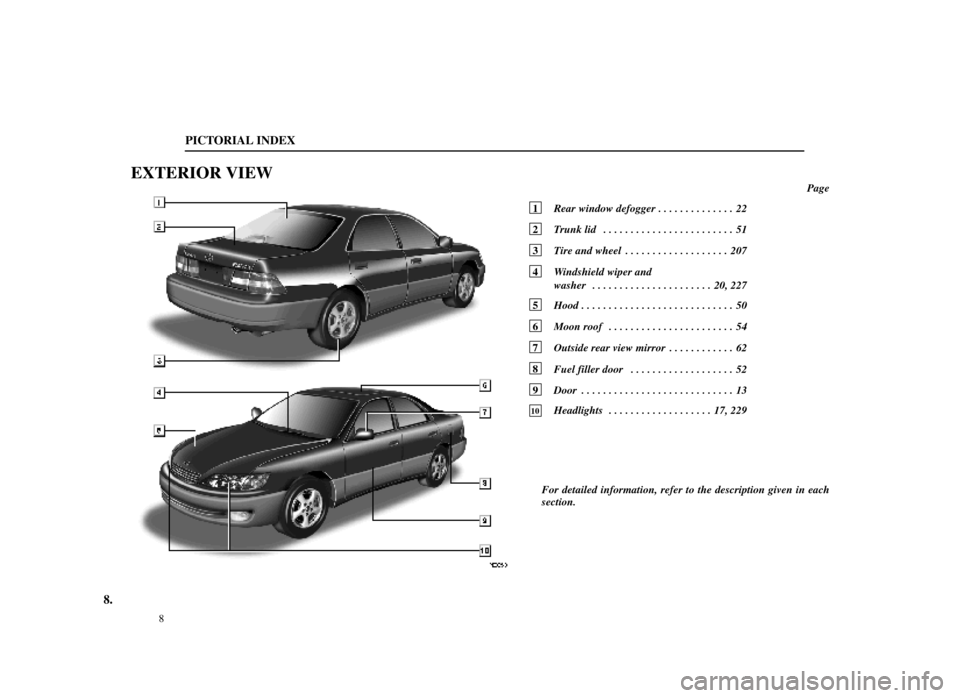 Lexus ES300 1998 Owners Manuals (in English) 8.
PE005±3
PICTORIAL INDEX
8
EXTERIOR VIEW
Page
1 Rear window defogger 22
. . . . . . . . . . . . . .
2 Trunk lid 51
. . . . . . . . . . . . . . . . . . . . . . . .
3 Tire and wheel 207
. . . . . Lexus ES300 1998 Owners Manuals (in English) 8.
PE005±3
PICTORIAL INDEX
8
EXTERIOR VIEW
Page
1 Rear window defogger 22
. . . . . . . . . . . . . .
2 Trunk lid 51
. . . . . . . . . . . . . . . . . . . . . . . .
3 Tire and wheel 207
. . . . .