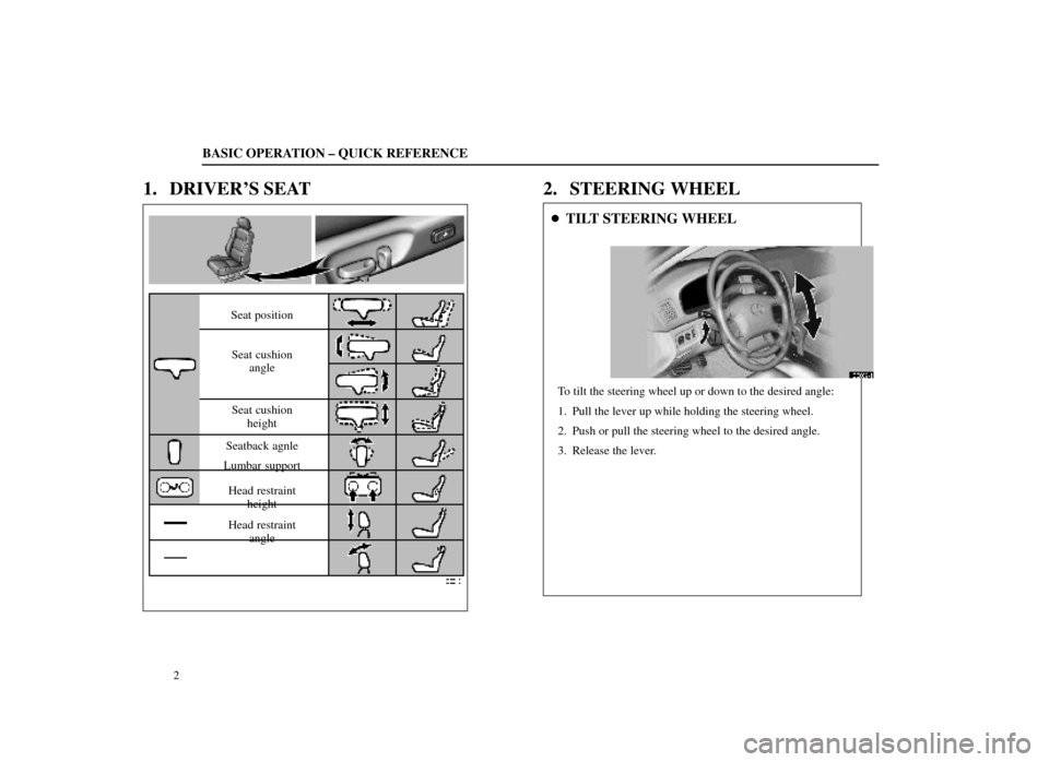 Lexus ES300 1998 Owners Manuals (in English) BE0018
Seat positionSeat cushion angle
Seat cushion height
Seatback agnle
Lumbar support
Head restraint height
Head restraint angle
BASIC OPERATION ± QUICK REFERENCE
2
1. DRIVERS SEAT 2. STEERING WH Lexus ES300 1998 Owners Manuals (in English) BE0018
Seat positionSeat cushion angle
Seat cushion height
Seatback agnle
Lumbar support
Head restraint height
Head restraint angle
BASIC OPERATION ± QUICK REFERENCE
2
1. DRIVERS SEAT 2. STEERING WH
