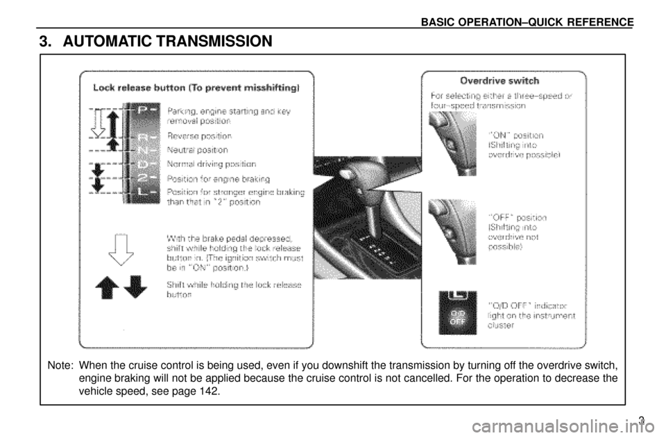 Lexus ES300 1997  Basic Operation BASIC OPERATION±QUICK REFERENCE
3
3. AUTOMATIC TRANSMISSION
Note: When the cruise control is being used, even if you downshift the transmission by turning off the overdrive switch,
engine braking wil