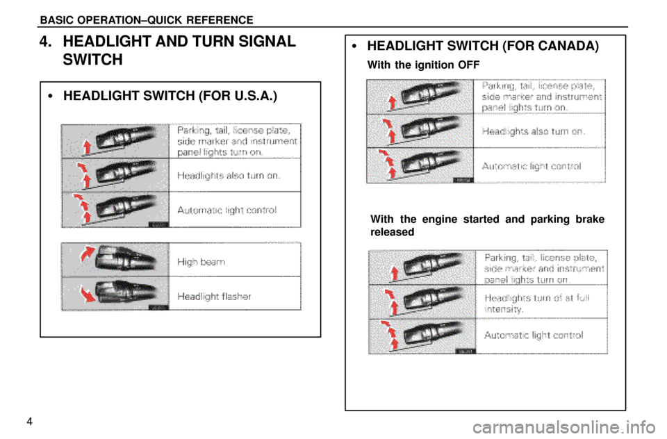 Lexus ES300 1997  Basic Operation BASIC OPERATION±QUICK REFERENCE
4
4. HEADLIGHT AND TURN SIGNAL
SWITCH
HEADLIGHT SWITCH (FOR U.S.A.)
HEADLIGHT SWITCH (FOR CANADA)
With the ignition OFF
With the engine started and parking brake
rel