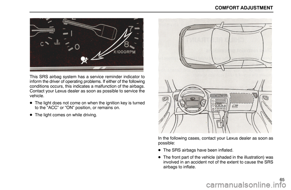 Lexus ES300 1995  Comfort Adjustment COMFORT ADJUSTMENT
65
This SRS airbag system has a service reminder indicator to
inform the driver of operating problems. If either of the following
conditions occurs, this indicates a malfunction of 