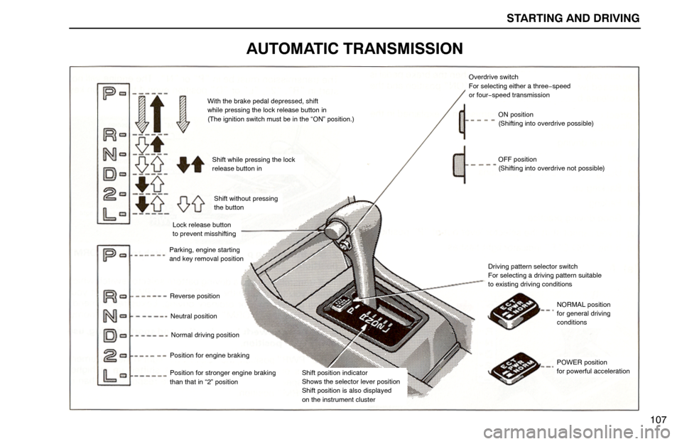 Lexus ES300 1995  Starting And Driving STARTING AND DRIVING
Shift while pressing the lock
release button in
Shift without pressing
the button
With the brake pedal depressed, shift
while pressing the lock release button in
(The ignition swi